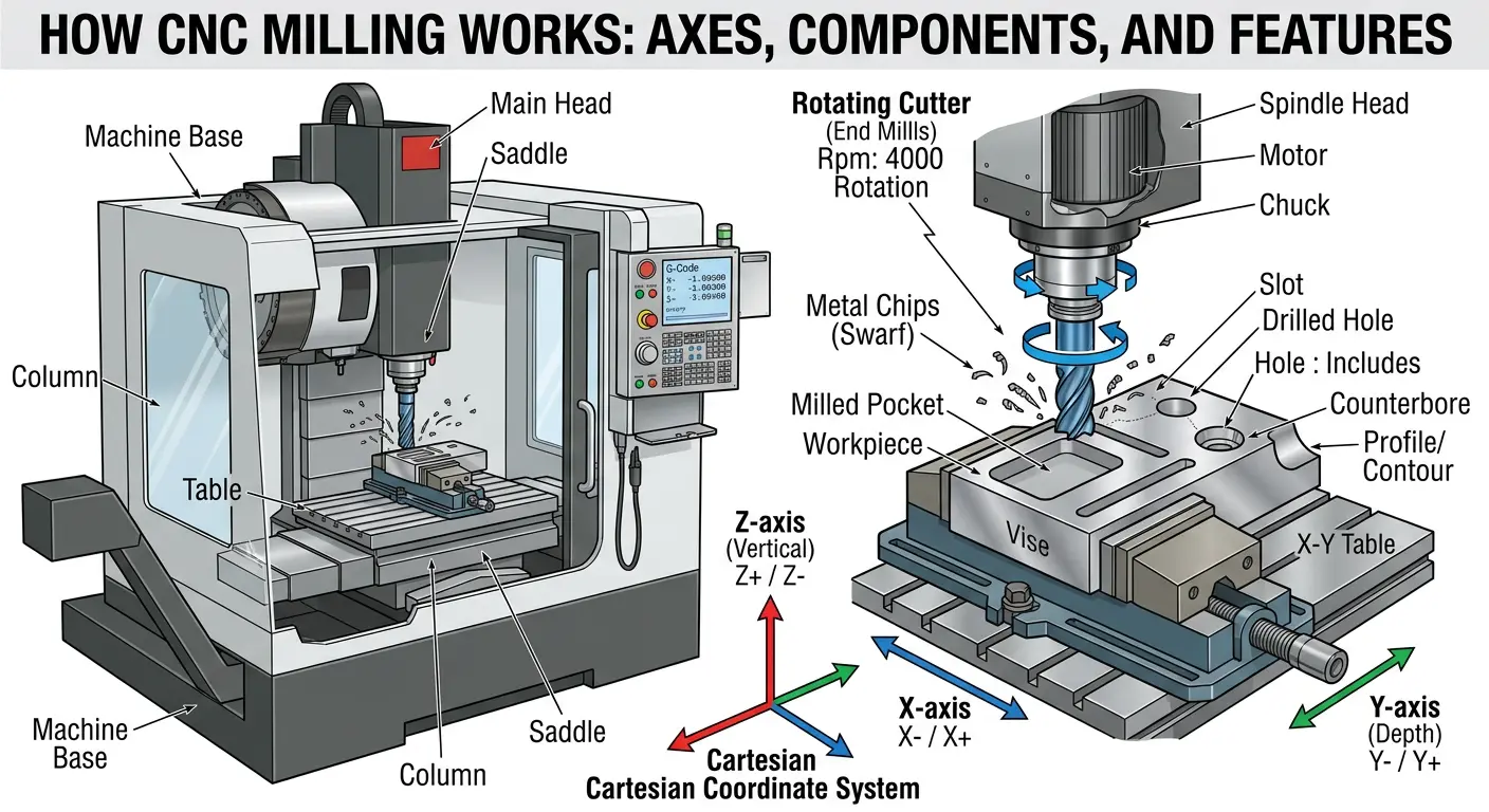 Diagram showing how CNC milling works with labeled parts including stationary workpiece, rotating cutter, X Y Z axes, and typical milled features